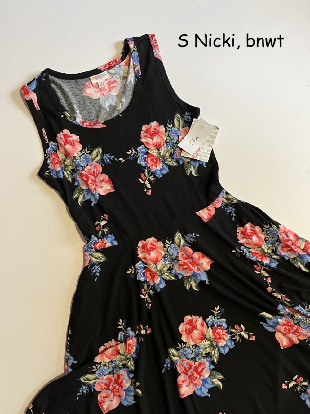Small Lularoe Nicki tank dress, black with pink roses & blue flowers
